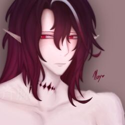 1boy collarbone elf_ears genshin_impact headshot_portrait long_hair male male_focus male_only male_solo pretty_boy red_eyes red_hair solo_focus solo_male white_streak