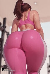ai_generated ass_focus brown_eyes brown_hair d.va from_behind from_below gym huge_ass latentlust leggings midriff pink_bra pink_leggings ponytail sports_bra sportswear sweat thick_thighs toned very_sweaty