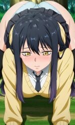 ai_generated bangs big_ass big_breasts black_hair black_skirt blush breasts cardigan collared_shirt curvy doggy_position female female_only front_view hair_between_eyes high_angle large_breasts long_hair long_sleeves mieruko-chan open_legs pixai pleated_skirt school_uniform schoolgirl shirt skirt socks solo suggestive sweat thick_thighs thighs white_shirt yellow_eyes yotsuya_miko