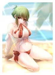 1girl 1girls arm_support bare_legs bare_shoulders bare_thighs beach beach_background belly belly_button big_breasts bikini bikini_bottom bikini_top blush blushing blushing_at_viewer bracelet breasts cleavage clothes_between_breasts clothes_in_mouth curvy curvy_figure ear_piercing ear_ring earrings green_eyes hi_res high_resolution highres jewelry kazami_yuuka large_breasts long_sleeves looking_at_viewer mouth_hold navel ocean ocean_background open_shirt palm_tree plaid plaid_clothes plaid_panties plaid_topwear plaid_underwear ribbon ribbon_bra ribbon_in_mouth sand sea seaside see-through see-through_clothes see-through_clothing see-through_shirt seiza shirt short_hair side-tie_bikini side_tie_bikini_bottom side_tie_panties sitting skindentation solo solo_female solo_focus stomach sun swimsuit swimwear thick_thighs thighs tied_hair tied_shirt touhou untied_bikini wide_hips wide_thighs wristband yellow_eyes yuka_kazami yuuka_kazami