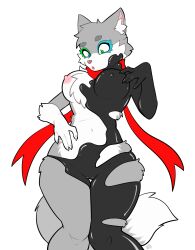 absurd_res anthro areola breasts camel_toe canid canine canis clothing female genital_outline hi_res inner_ear_fluff latex latex_transformation mammal nipple_piercing nipples piercing pussy_outline rubber scarf solo tight_clothing tuft villmix wolf wolf_wolfindeir