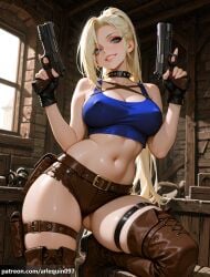 1girl ai_generated arlequin097 ass_visible_through_thighs bare_shoulders belt black_choker black_gloves blonde_hair blue_eyes blue_tank_top boots breasts brown_footwear brown_shorts choker cleavage collar collarbone covered_nipples crop_top cross-laced_footwear dual_wielding fingerless_gloves gloves grin gun hair_over_one_eye handgun holding holding_gun holding_weapon holster indoors ino_yamanaka lace-up_boots large_breasts long_hair looking_at_viewer midriff naruto naruto_(series) naruto_shippuden navel ponytail short_shorts shorts skindentation smile solo spiked_collar spikes stomach tank_top teeth thigh_boots thigh_holster thigh_strap thighhighs thighs trigger_discipline very_long_hair weapon window yamanaka_ino