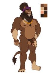 2022 accessory adopt anthro ball_tuft balls beard belly biceps black_hair brown_body brown_fur brown_hair brown_skin chest_tuft clothing colored demetrius_hurrd_(brunkdutt) digital_drawing_(artwork) digital_media_(artwork) dreadlocks facial_hair felid flaccid foreskin fur genitals hair hair_bun hand_on_hip headband headband_only headgear headwear hi_res jewelry lion looking_at_viewer male mammal model_sheet mottled mottled_body mottled_skin musclegut muscular muscular_anthro muscular_arms muscular_male muscular_thighs navel necklace necklace_only nipples nude pantherine pecs penis pubes simple_background slightly_chubby smile solo standing tehnuxlight tied_hair tuft white_hair