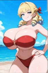 ai_generated beach bikini blonde_hair blue_eyes female huge_breasts scarlett_(unicorn_overlord) thick_thighs unicorn_overlord