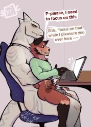2023 anal anal_penetration anthro begging_to_stop canid canine caressing chair computer dialogue dian dian_(dian) duo electronics english_text fox furniture handjob handjob_while_penetrating hi_res horn looking_at_viewer male male/male mammal motion_lines muscular muscular_male on_chair on_lap onomatopoeia penetration penile penile_penetration penis_in_ass phy_(dian) reach_around reptile scalie sex sitting sitting_on_another sitting_on_chair sitting_on_lap size_difference snake sound_effects text