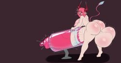 ass balls bloomz breasts breeding_mount commissioner_upload condom futa_only gradient_horns heart horsecock horsecock_futa horsecock_futanari looking_back motion_lines original_character pink_eyes pink_hair solo_futa tail veiny_penis ych_commission ych_result