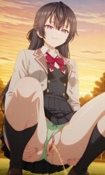 :3 ai_generated anus ass bangs black_clothes black_hair breasts clothing collared_shirt dominant dominant_female evil_smile female female_on_top female_only jacket legs long_hair long_sleeves looking_at_viewer masturbating miniskirt neckerchief neckwear open_legs outdoors panties panties_aside peeing pervert_female pixai pleated_skirt pov purple_eyes red_bow red_neckerchief red_neckwear school school_uniform schoolgirl skirt skirt_lift smile smug smug_face socks solo squatting suggestive suou_yuki sweat thighs toes tokidoki_bosotto_russian_de_dereru_tonari_no_alya-san uniform vaginal_fluids white_shirt