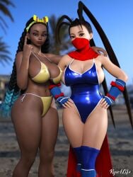 2girls 3d areola_slip areolae big_breasts breasts capcom dark-skinned_female dark_skin female female_only ibuki_(street_fighter) kimberly_jackson large_breasts light-skinned_female light_skin ryu4life street_fighter swimsuit