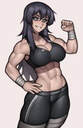 1girls abs absurdres artist_name biceps black_hair black_sclera breasts colored_sclera cowboy_shot female flexing grey_background grey_eyes hair_between_eyes hand_on_hip highres kengan_(series) kengan_ashura kure_karla large_breasts long_hair looking_at_viewer midriff muscular_female navel obliques parted_lips pose roadi3 simple_background smile solo sports_bra teeth twitter_username watermark