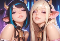 2girls absurd_res ai_generated animal_ears animal_print artist_name artist_upload bare_shoulders bell black_hair blonde_hair blue_eyes blue_hair collar cow_ears cow_girl cow_horns cow_print cow_tail cowbell earrings eyeshadow fake_animal_ears fake_horns hairband half-closed_eyes hi_res horns jewelry lips long_hair looking_at_viewer makeup mascara more_at_source multicolored_hair multiple_girls neck_bell pandora parted_lips patreon patreon_username pink_eyeshadow pink_lips purple_eyes self_upload short_hair smile streaked_hair tail uncensored upper_body watermark