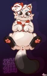 5:8 :3 alternate_form anus belly big_belly blizzard_entertainment canid canine colored digital_media_(artwork) dipstick_tail feet female female_feral feral fika_(overwatch) fox fur genitals hi_res inner_ear_fluff leg_markings looking_at_viewer lying mammal markings mask_on_head on_back overwatch pankatares pawpads paws shaded socks_(marking) soles solo spread_legs spreading tail tail_markings tan_body tan_fur tuft vulva watermark whiskers