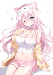 1girl blouse blush breast_suppress breasts cat_ears cat_girl cat_tail catgirl collar frilled_collar frills hair_ornament hair_ribbon highres large_breasts long_hair long_sleeves original pants pink_hair shiono_(0303) shirt shorts shorts_down sitting sleeping_mask straight_hair tank_top