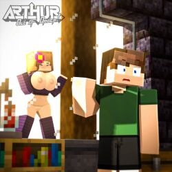 1boy 1girls 3d against_glass arthur32 big_breasts bottomless breasts breasts_out choker exhibitionism female flashing hair_ornament horny_female huge_breasts human_female humanoid jenny_belle_(slipperyt) male mine-imator minecraft nipples outside pointing public public_nudity pussy smile smug thick_thighs wide_hips window