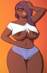 1girls bbw big_breasts breasts breasts_peeking_out_of_shirt brown_nipples commission commission_art curvy dark-skinned_female dark_skin dukedeadzombie elf-san_wa_yaserarenai eure female female_focus female_only glasses gorgon humanoid long_hair pink_lips pinup purple_hair short_shorts small_shirt thick_thighs underboob wide_hips