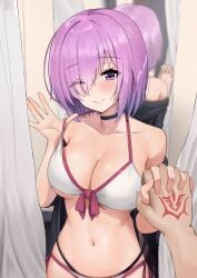 1boy 1girls ayul_(ayulneri_92) big_breasts bikini bikini_top_lift breasts choker fate/grand_order fate_(series) female female_focus fujimaru_ritsuka_(male) hair_over_one_eye hand_holding handholding looking_at_viewer male_pov mash_kyrielight pink_hair pov purple_eyes swimsuit