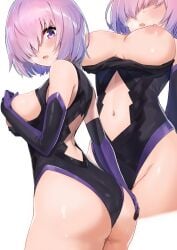 1girls ass ass_grab ayul_(ayulneri_92) big_breasts blush breasts_out fate/grand_order fate_(series) female female_focus female_only grabbing_own_ass grabbing_own_breast hair_over_one_eye heavy_breathing highres leotard looking_at_viewer mash_kyrielight navel pink_hair purple_eyes shiny_skin short_hair solo sweat sweatdrop thick_thighs