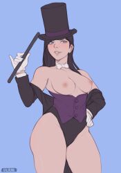 1girls 2d areolae black_hair blue_eyes breasts clothed clothing dc dc_comics female female_focus female_only female_solo hat highres kalruna long_hair looking_at_viewer magic_user magician_hat nipples shirt_down smooth_skin solo solo_female tagme thick_thighs thighs top_hat zatanna zatanna_zatara