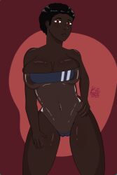 2022 african african_female artist_signature big_breasts black_hair dark-skinned_female dark_skin female gris_swimsuit hand_on_hip looking_at_viewer milf nipples nipples_visible_through_clothing oc original_character pinup red_eyes solo squished_breasts