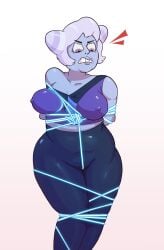 blue_skin bondage clothed gem_(species) grey_hair holly_blue_agate latex nipple_bulge sauceart simple_background steven_universe struggling tied_up