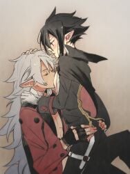 2boys ass ass_grab black_hair blush breath cape clothed clothing disgaea disgaea_4 femboy fenrich foreplay gay girly grey_hair hand_on_ass long_hair male_only nipple_play nipple_suck nippon_ichi_software open_clothing open_mouth pointy_ears tongue tongue_out valvatorez vampire werewolf yaoi