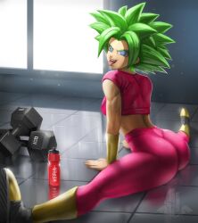 1girls ass big_ass blue_eyes bubble_butt crop_top dat_ass dragon_ball dragon_ball_super drink ear_piercing earrings elitenappa female female_only female_saiyan fusion green_hair indoors kefla legendary_super_saiyan looking_at_viewer looking_back midriff pants potara_earrings saiyan solo splits super_saiyan super_saiyan_2 teasing teasing_viewer thick_ass thick_thighs tongue tongue_out weights wide_hips window