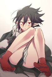 1boy ass black_hair blush bottomless disgaea disgaea_4 femboy girly male_only nervous partially_clothed pointy_ears red_eyes red_socks socks sweat tagme teasing valvatorez white_shirt