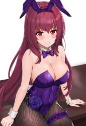 1girls ayul_(ayulneri_92) blush breasts bunny_ears bunny_ears_(cosmetic) bunny_girl bunnysuit fate_(series) female female_focus female_only fishnet fishnet_legwear fishnets long_hair looking_at_viewer scathach_(fate) scathach_(piercing_bunny) sitting smile smiling solo solo_female tagme