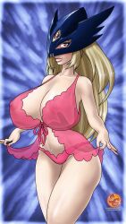 1girls alternate_version_available areolae beelstarmon blonde_hair breasts cleavage digimon digimon_(species) female female_only highres huge_breasts large_breasts lingerie long_hair looking_at_viewer mask nipples nipples_visible_through_clothing panties red_eyes see-through socarter solo thick_lips third_eye