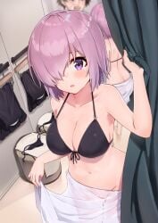 1boy 1girls ayul_(ayulneri_92) bra breasts changing_room fate_(series) female female_focus female_only looking_at_viewer mash_kyrielight purple_eyes purple_hair pussy pussy_visible_through_clothes tagme