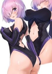 1girls ass ass_grab ayul_(ayulneri_92) big_breasts blush fate/grand_order fate_(series) female female_focus female_only grabbing_own_ass hair_over_one_eye heavy_breathing highres leotard looking_at_viewer mash_kyrielight navel pink_hair purple_eyes shiny_skin short_hair shy solo sweat sweatdrop thick_thighs