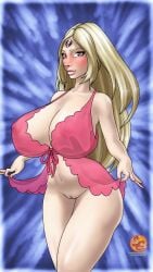 1girls alternate_version_available areolae beelstarmon blonde_hair breasts cleavage digimon digimon_(species) female female_only huge_breasts large_breasts lingerie long_hair looking_at_viewer nipples nipples_visible_through_clothing no_panties pussy red_eyes see-through socarter solo thick_lips third_eye