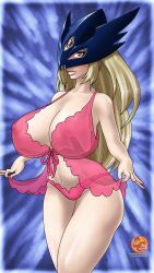 1girls areolae beelstarmon blonde_hair breasts cleavage digimon digimon_(species) female female_only huge_breasts large_breasts lingerie long_hair looking_at_viewer mask nipples nipples_visible_through_clothing panties red_eyes see-through socarter solo thick_lips third_eye
