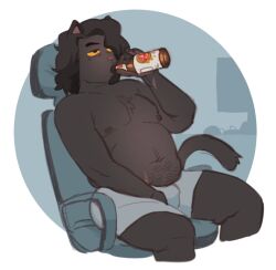 alcohol alcoholic alcoholic_drink beer black_hair black_pupils black_skin boxers cat_boy cat_ears cat_tail catboy chubby chubby_male chunky drink drinking drinking_beer drunk erection fat feline fluffy_chest fluffy_hair fucked_silly gay glass_bottle hairy half_naked long_hair male_only manly no_clothes original original_character penis roly roly_(roly) sad sexually_suggestive sitting_on_chair softboy thick_thighs yellow_eyes