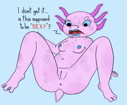 amphibian anthro axolotl blue_eyes bojack_horseman breasts confusion emotionless feelers female genitals membrane_(anatomy) mole_salamander netflix nipples on_ground purple_body purple_skin pussy salamander_(amphibian) solo spread_legs spreading teot text toony unique_style webbed_feet yolanda_buenaventura