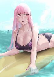 1girls ass bikini cleavage hololive hololive_english hololive_myth large_breasts long_hair mori_calliope on_stomach pink_hair solo swimsuit vialnite virtual_youtuber wet