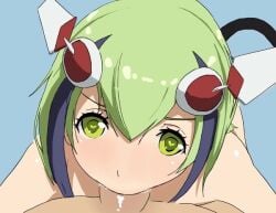 1boy android android_girl blowjob blowjob_face blush dimension_w fellatio female female_dominated female_focus frowning green_eyes green_hair mad male/female purple_hair robot robot_girl sucking_penis yurizaki_mira