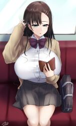 1girls alternate_version_available big_breasts female female_focus female_only ibara_azuki_(azk_ibr2nd) light-skinned_female light_skin reading solo tagme train