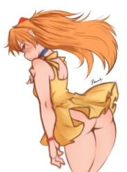 1girls ass asuka_langley_sohryu back_view bare_shoulders bawdy blush breasts choker clothing dress female_only long_hair looking_at_viewer neon_genesis_evangelion no_panties orange_hair sleeveless sleeveless_dress solo standing sundress thick_thighs thighs yellow_dress