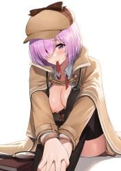 ayul_(ayulneri_92) blush breasts detective fate_(series) female female_focus female_only hololive hololive_english hololive_myth mash_kyrielight nipple_slip nipples purple_eyes purple_hair tagme virtual_youtuber watson_amelia white_background