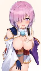 alternate_costume ayul_(ayulneri_92) bending_forward breasts fate_(series) female heart-shaped_pupils looking_at_viewer mash_kyrielight nipples no_bra one_glove purple_eyes purple_hair thighs ushiwakamaru_(fate/grand_order) white_pupils