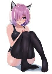 1girls ass ayul_(ayulneri_92) black_thighhighs breasts butt cat_ears color colored ears_up fate_(series) female female_focus female_only looking_at_viewer mash_kyrielight open_mouth purple_eyes purple_hair sitting solo solo_female sweat tagme thighhighs wet white_background