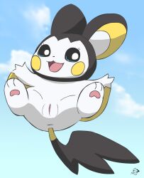 :3 anus artist_logo black_body blue_sky day emolga female feral flying fur furry furry_only genitals hi_res logo nintendo open_mouth pichu90 pokémon_(species) pokemon pussy sky solo tail tongue video_games white_body