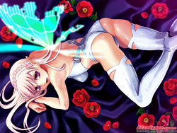 back boots braid braids clothing fairy flower galge.com glowing hamashima_shigeo high_heels long_hair looking_back lying on_stomach petals pointy_ears red_eyes shoes side_braid smile solo thigh_boots thighhighs wallpaper watermark white_hair white_legwear white_thighhighs wings