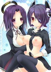 2girls aono_ribbon between_breasts blush breasts checkered_necktie eye_patch fingerless_gloves gloves headgear kantai_collection mechanical_halo multiple_girls necktie necktie_between_breasts nipples open_clothes open_shirt personification purple_eyes purple_hair school_uniform short_hair skirt smile tatsuta_(kantai_collection) tenryuu_(kantai_collection) thighhighs yellow_eyes