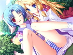 2girls animal_ear blonde_hair blue_eyes blue_hair blue_panties blush dog_ear dutch_angle female fingering game_cg hand_in_another's_panties hand_in_panties haruhi_sarasa inakoi japanese_clothes kamishiro_mutsuki long_hair masturbation miko multiple_girls nature outdoors panties pantyshot pantyshot_(sitting) pantyshot_sitting red_eyes short_hair sitting smile striped striped_panties tail tenmaso underwear wince yuri