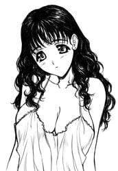 breasts bust camisole chemise cleavage curly_hair dark_hair head_tilt huge_breasts jewelry line_art lingerie long_hair magaki_ryouta monochrome underwear wavy_hair