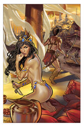 1boy 1girls a_princess_of_mars barefoot barsoom blue_eyes comic dejah_thoris fantasy feet jewelry john_carter long_hair looking_at_viewer sideboob soles sword toes topless ty_romsa