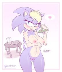 anthro bernadette_hedgehog cookie eulipotyphlan eulipotyphlan_humanoid female furry furry_female hedgehog hedgehog_humanoid large_breasts mammal mammal_humanoid milf purple_body purple_fur sallyhot sonic_(series) sonic_the_hedgehog_(series) yellow_hair