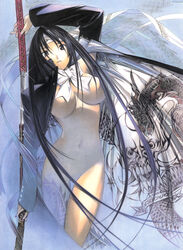 1girls black_hair breasts female female_only highres japanese_clothes katana kimono long_hair natsume_aya nodachi nude oh!_great ribbon solo sword tenjou_tenge weapon