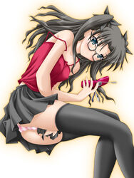 akimoto_dai black_legwear blush camisole cellphone fate/stay_night fate_(series) glasses panties phone pink_panties solo strap_slip striped striped_panties thighhighs tohsaka_rin tohsaka_rin underwear